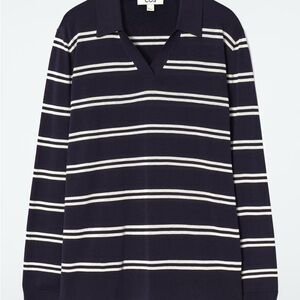 COS Knitted Silk Polo Navy and White Striped V-Neck Shirt